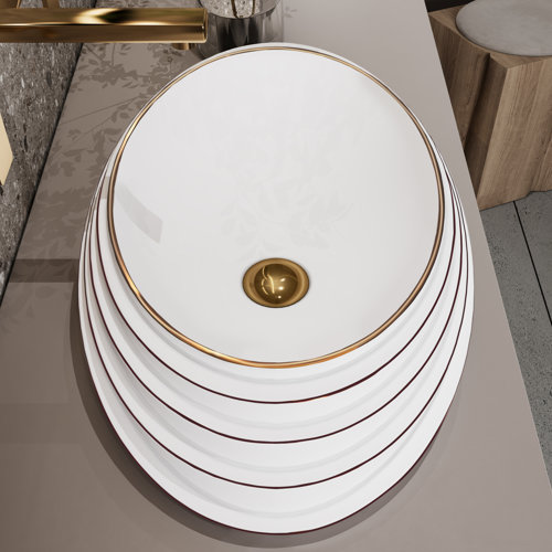 MEJE 21" Rose Gold Embossed Art Basin, Ceramic Slant Oval Bathroom Sink (with Pop Up Drain